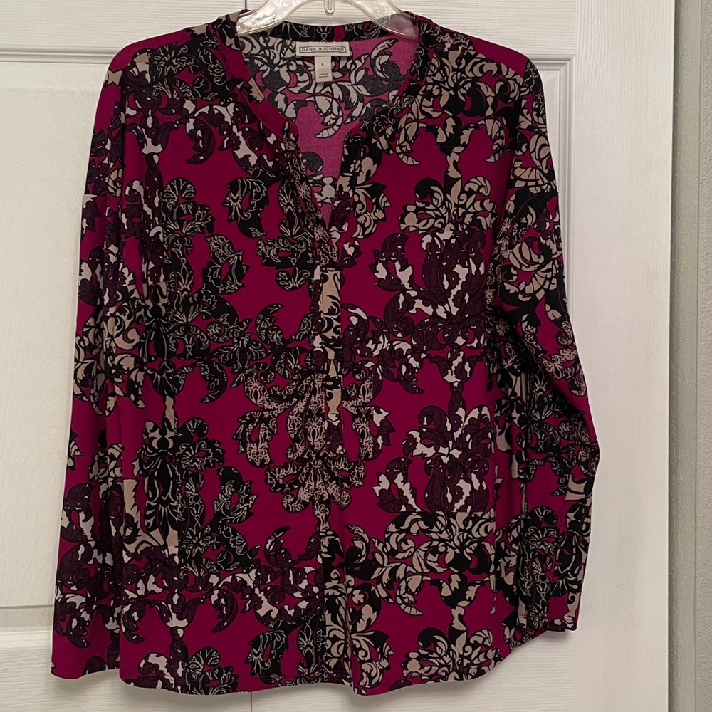 🌺Dana BUCHMAN Business Casual Fleur de Lis Print Long Sleeve Pullover Blouse